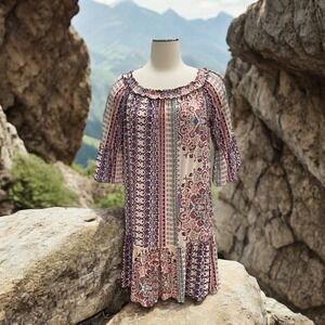 Boho Chic I.N.N.Y. Patchwork Print Dress‎ Ruffled Neckline 3/4 Sleeves S Cottage